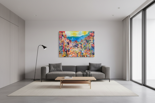 "Lakeside Village"- Marita Vaskova, Acrylic on Canvas, 42 × 59 cm