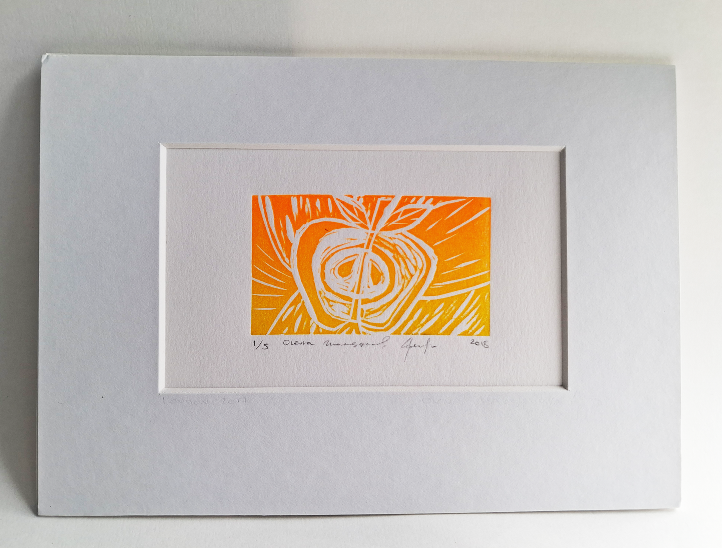Apple (Neon Orange) — Original Linocut Print, 1/5 Artist: Olena Maksymova, Year: 2018