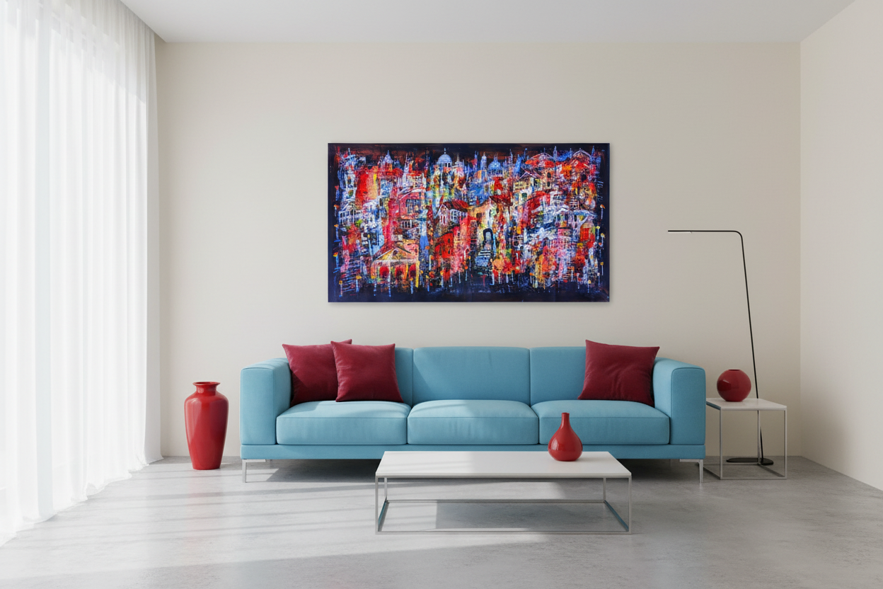 Modern living room with a blue sofa, red vases, and a colorful abstract painting on the wall.