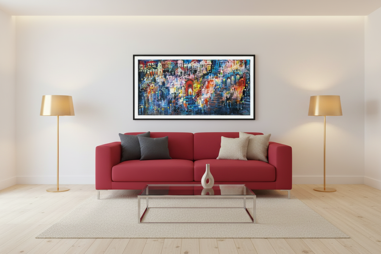 "Night colours of Lisbon", Marita Vaskova, Acrylic on canvas, 40x80 cm