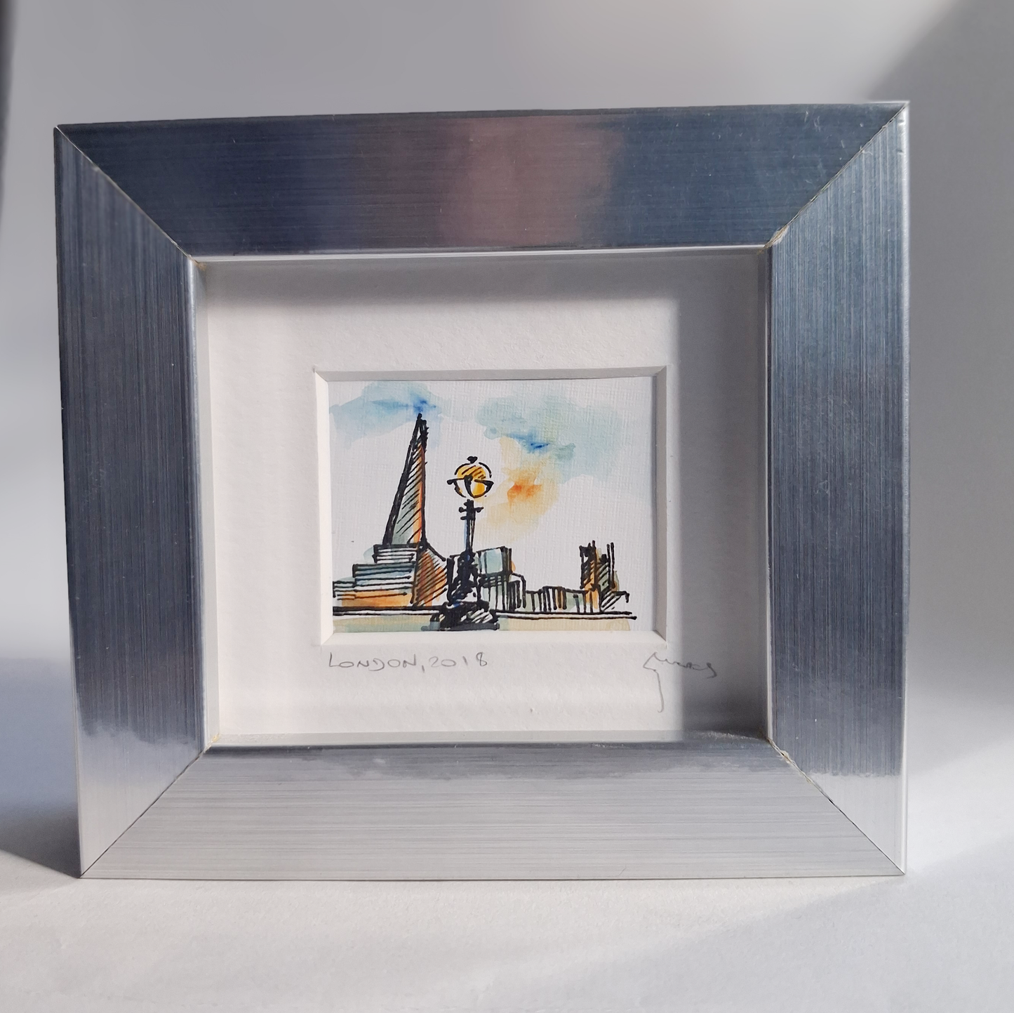 The Shard & Embankment Lamp - Original Hand-Painted Enhanced Print | London Art | Framed Mini Artwork