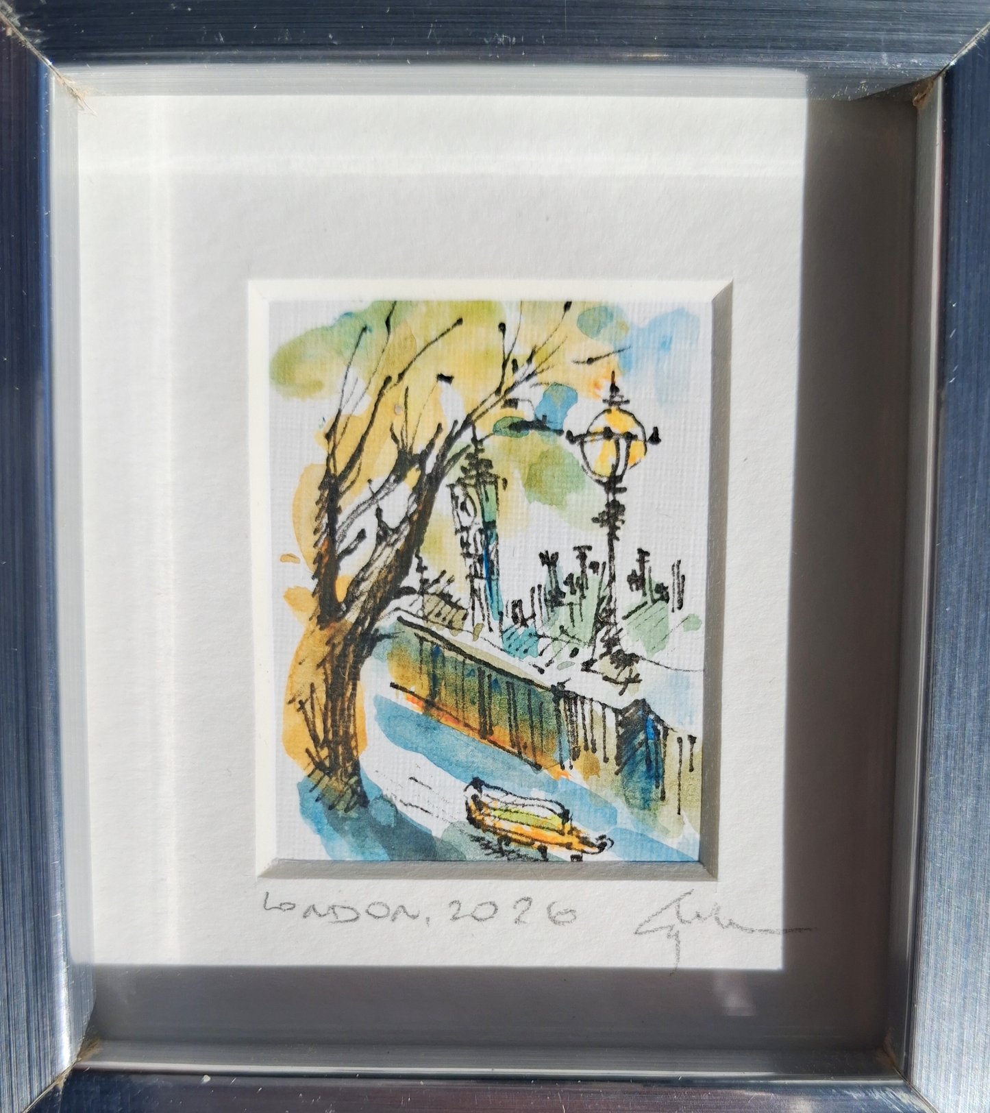 Southbank Tree & Bench - Original Hand-Painted Enhanced Print | London Art | Framed Mini Artwork