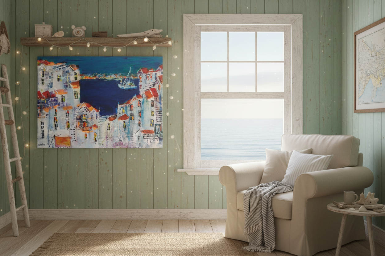 "Red Rooftops Over the Bay" - Marita Vaskova, Acrylic on Canvas, 42 × 59 cm