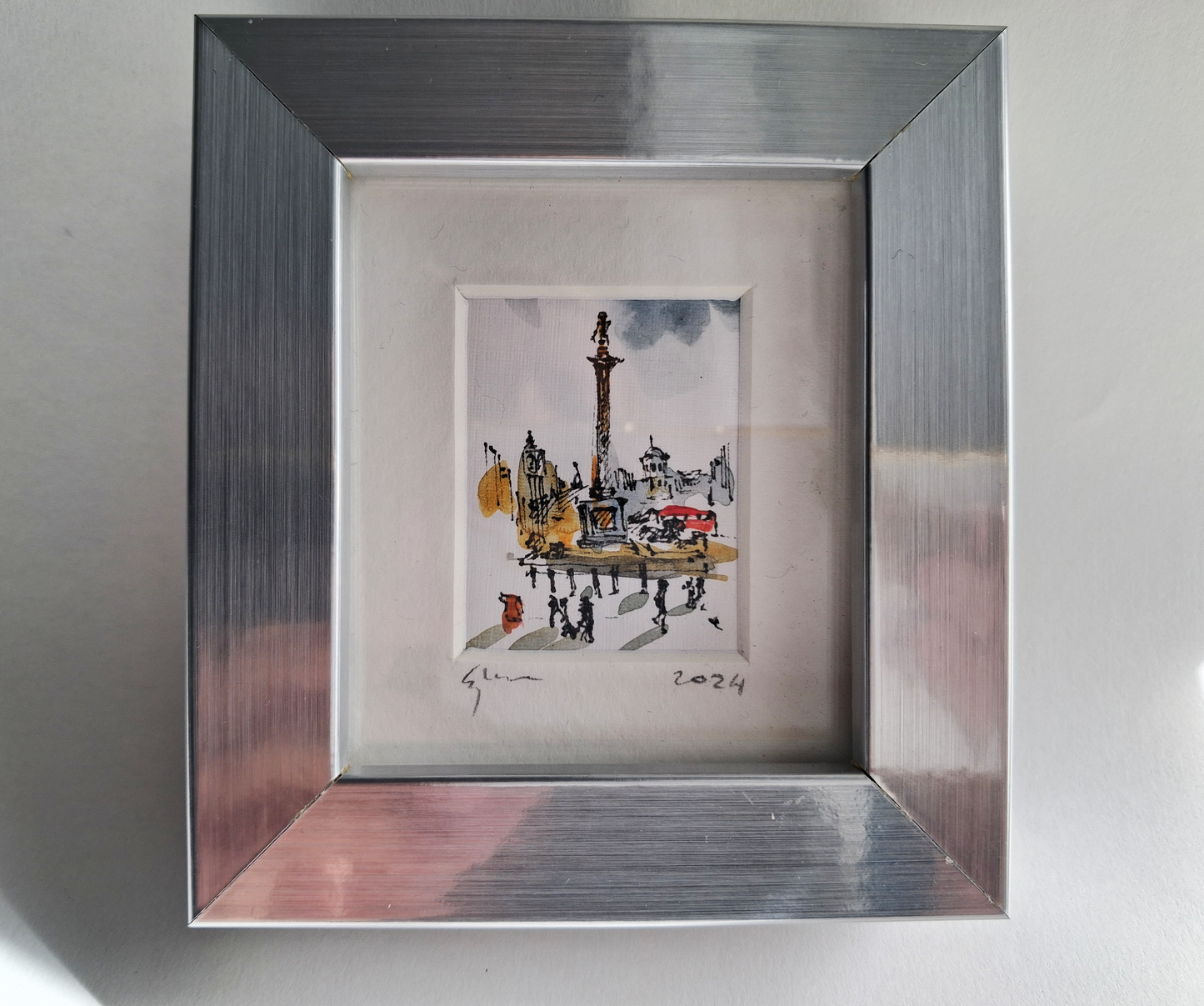 "Trafalgar Square" - Original Hand-Painted Enhanced Print, London Art, Framed Mini Artwork