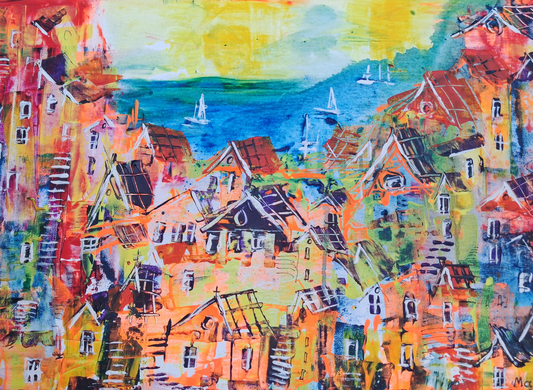 "Lakeside Village"- Marita Vaskova, Acrylic on Canvas, 42 × 59 cm
