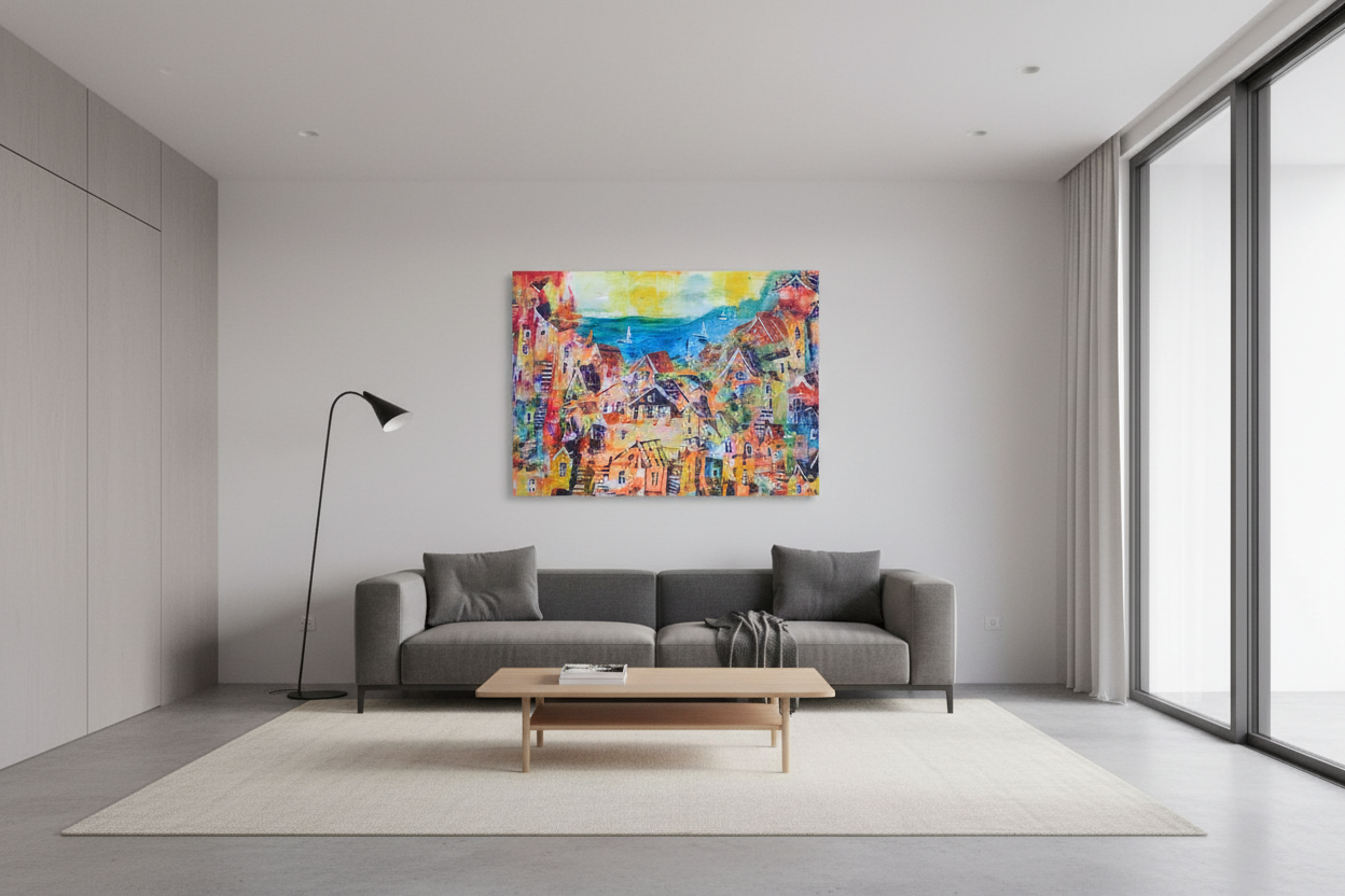 "Lakeside Village"- Marita Vaskova, Acrylic on Canvas, 42 × 59 cm