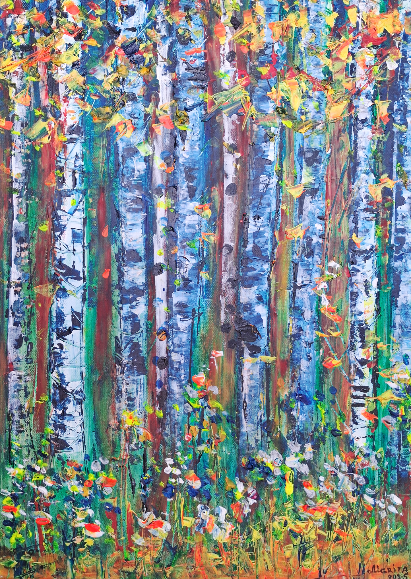 "Birch Forest in Bloom" - Marita Vaskova, Acrylic on Canvas, 42 × 59 cm