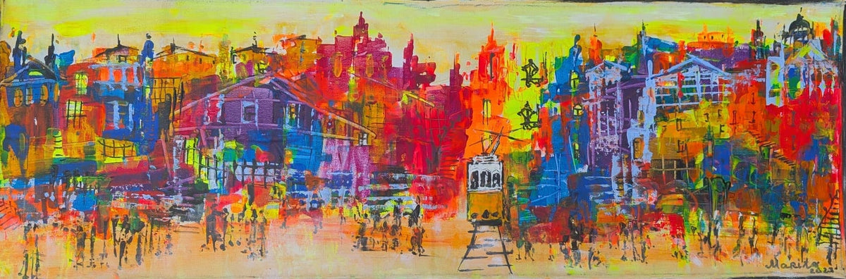 "Alfama's bright colours" Original. 90x30cm