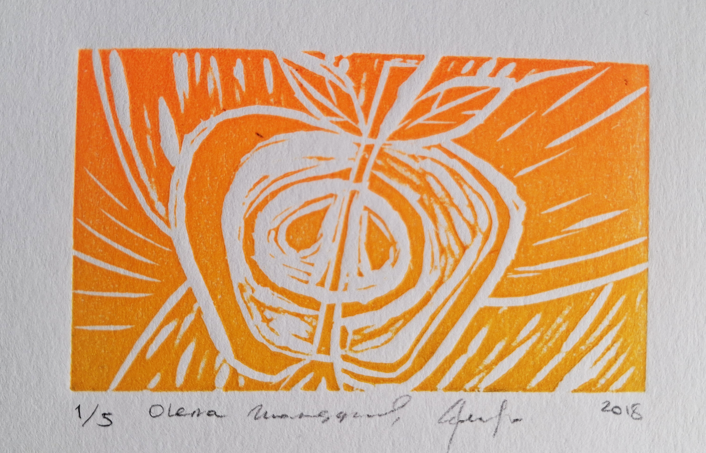 Apple (Neon Orange) — Original Linocut Print, 1/5 Artist: Olena Maksymova, Year: 2018