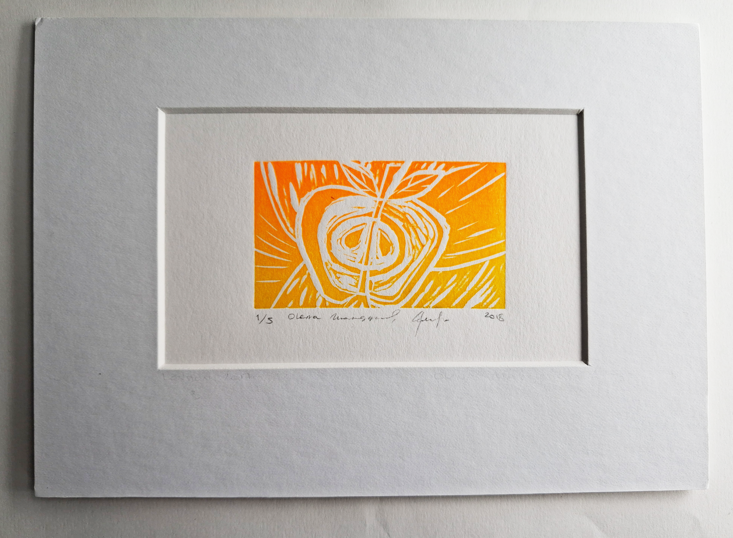 Apple (Neon Orange) — Original Linocut Print, 1/5 Artist: Olena Maksymova, Year: 2018