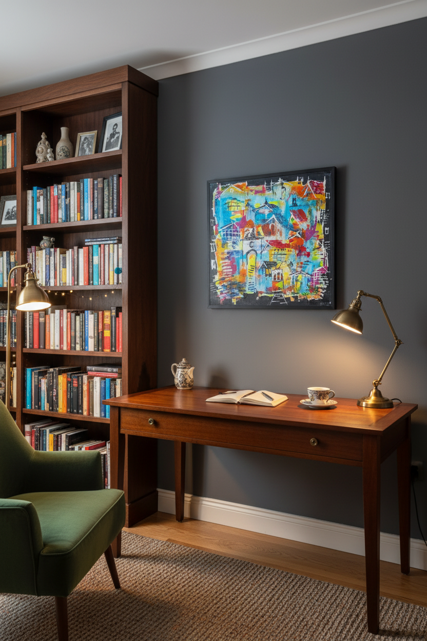 Colorful abstract painting of a cityscape with buildings and a clock tower.