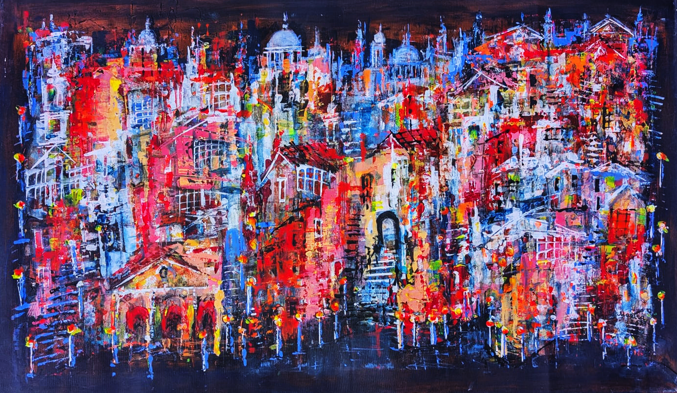 "Bright Night in the city", Marita Vaskova, Acrylic on Canvas, 60 x 100 cm