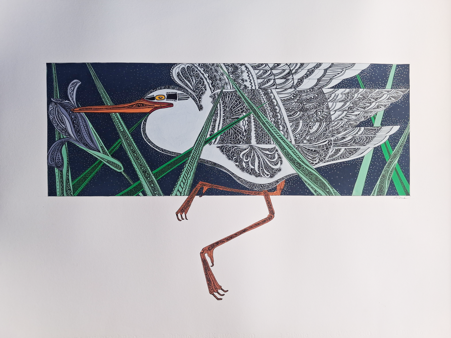 "Heron", Original Hand Painted Art Work, Tempera and Inc Pen