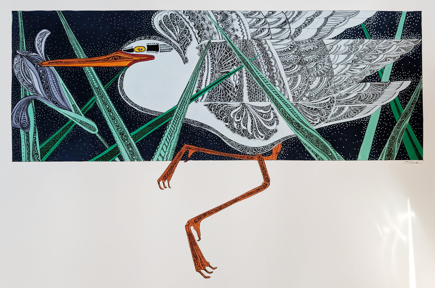 "Heron", Original Hand Painted Art Work, Tempera and Inc Pen