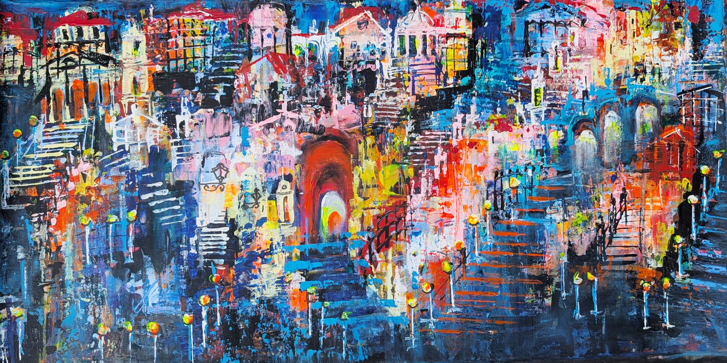 "Night colours of Lisbon", Marita Vaskova, Acrylic on canvas, 40x80 cm