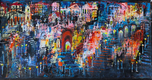 "Night colours of Lisbon", Marita Vaskova, Acrylic on canvas, 40x80 cm