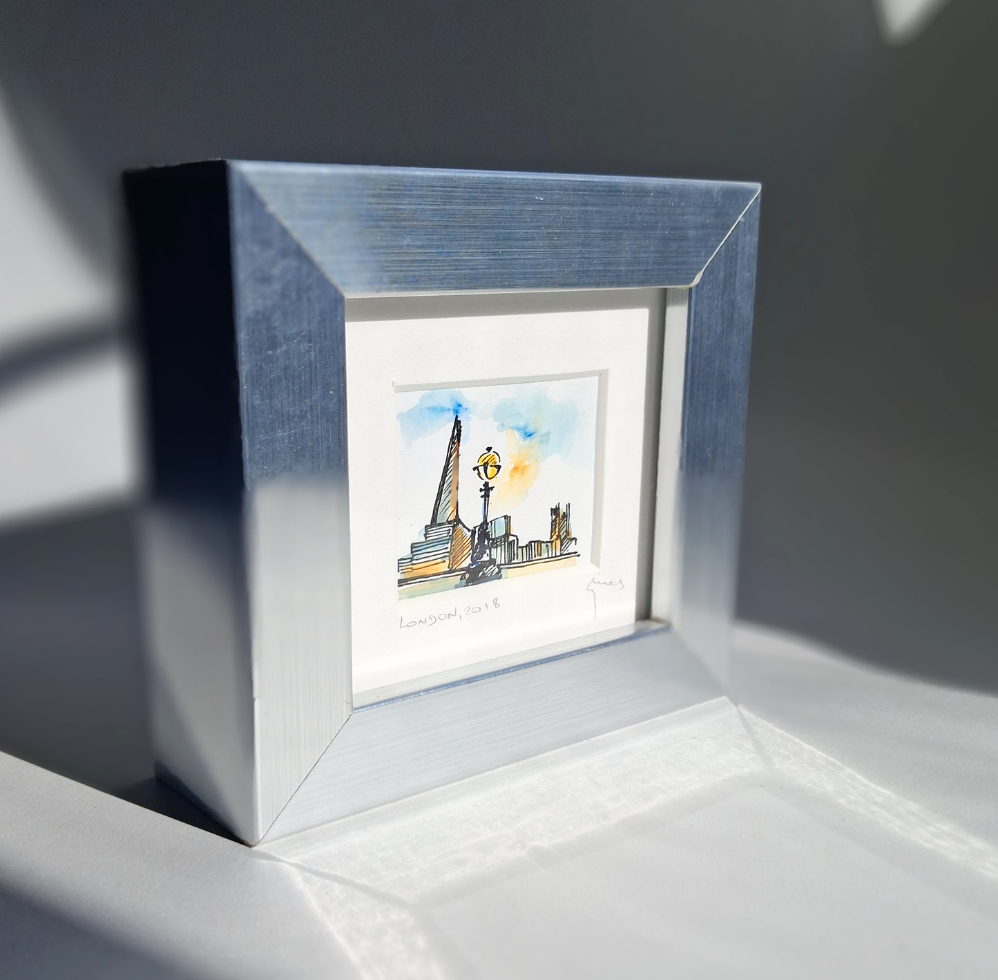 The Shard & Embankment Lamp - Original Hand-Painted Enhanced Print | London Art | Framed Mini Artwork