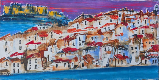 "Crimson Roofs, Purple Sky", Marita Vaskova, Acrylic on Canvas, 90 x 30 cm