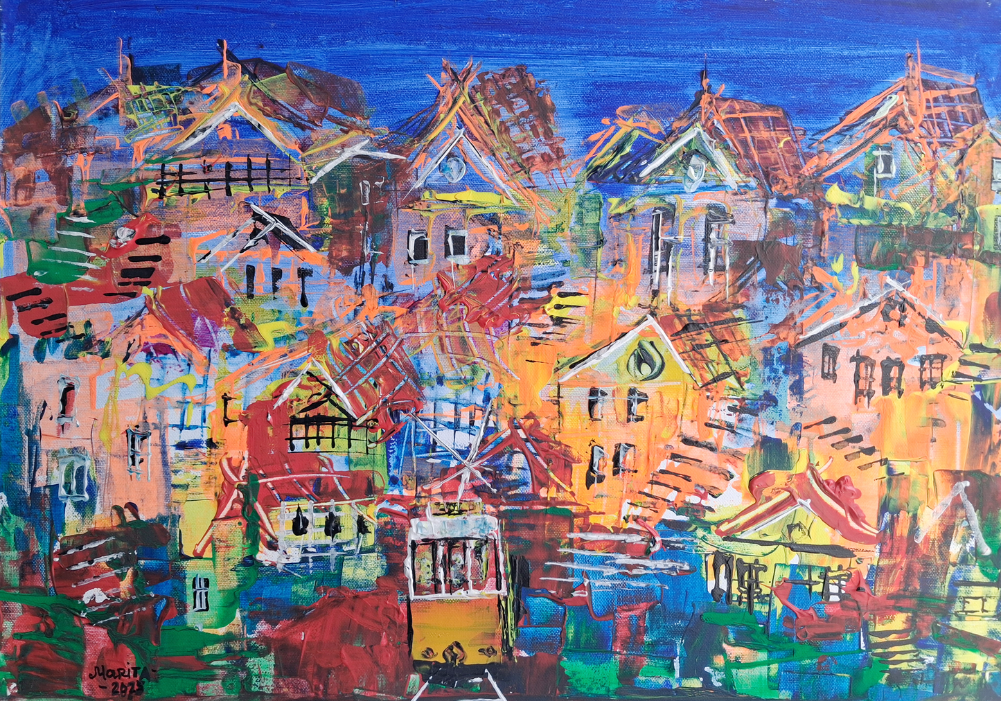 "City Tram at Dusk" - Marita Vaskova, Acrylic on Canvas, 42 × 59 cm