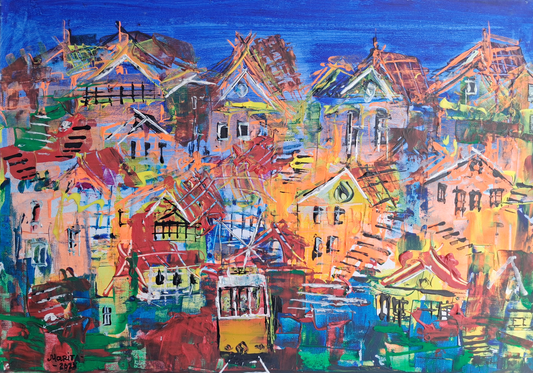"City Tram at Dusk" - Marita Vaskova, Acrylic on Canvas, 42 × 59 cm