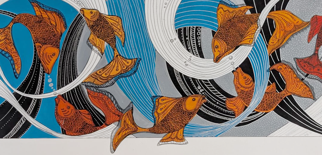 "The Golden Shoal", Original Hand painted Artwork, Tempera and Ink Pen
