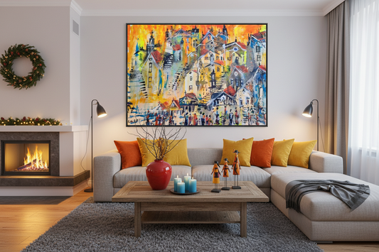 "Old Town Under a Burning Sky" - Marita Vaskova, Acrylic on Canvas, 42 × 59 cm