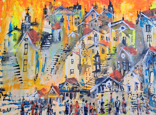"Old Town Under a Burning Sky" - Marita Vaskova, Acrylic on Canvas, 42 × 59 cm