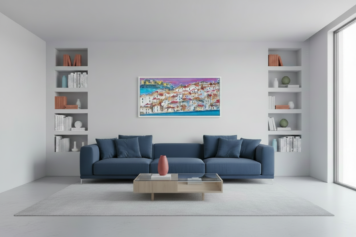 "Crimson Roofs, Purple Sky", Marita Vaskova, Acrylic on Canvas, 90 x 30 cm