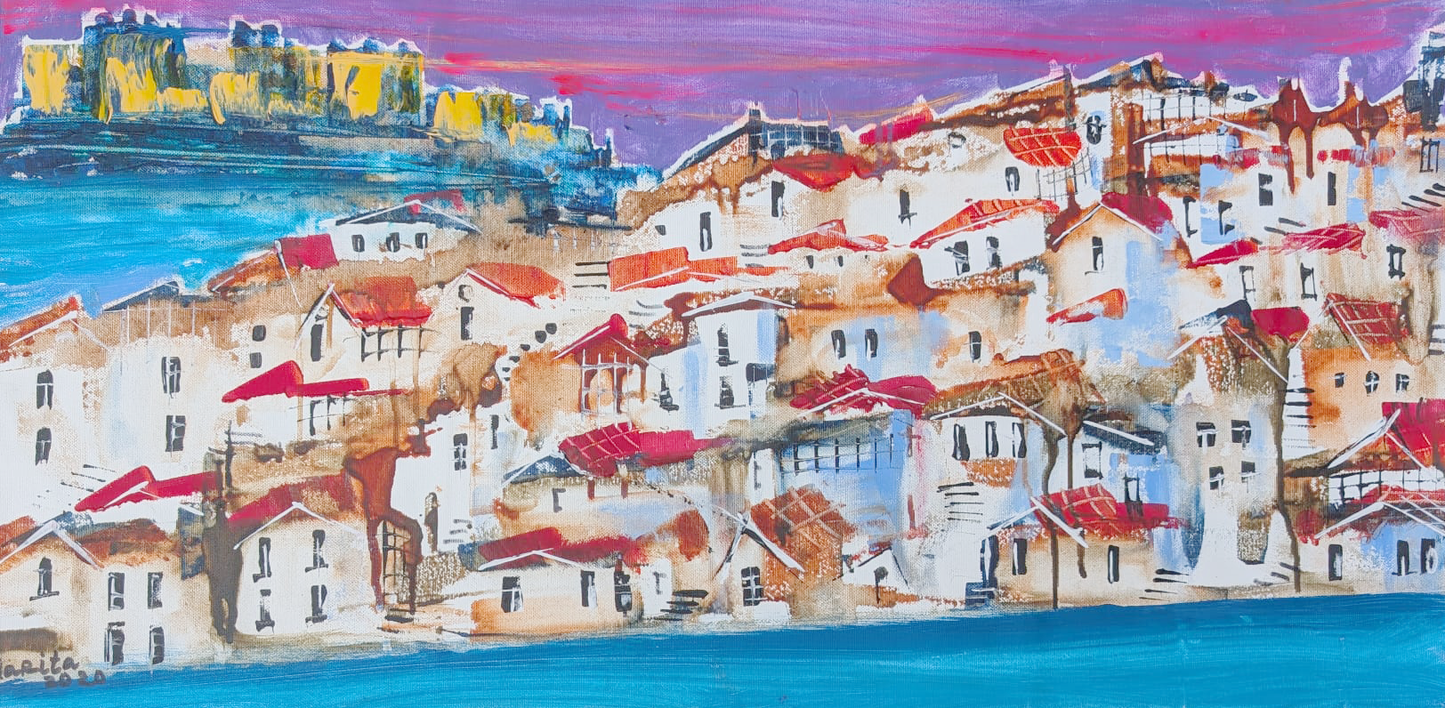 "Crimson Roofs, Purple Sky", Marita Vaskova, Acrylic on Canvas, 90 x 30 cm