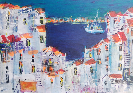 "Red Rooftops Over the Bay" - Marita Vaskova, Acrylic on Canvas, 42 × 59 cm
