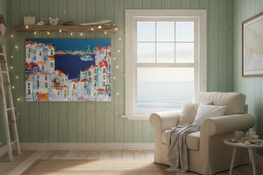 "Red Rooftops Over the Bay" - Marita Vaskova, Acrylic on Canvas, 42 × 59 cm