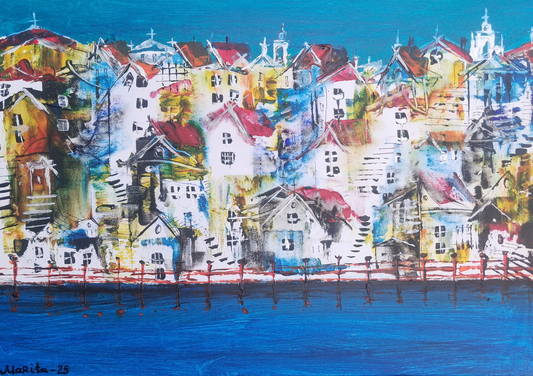 "Church Spires on the Riverbank" - Marita Vaskova, Acrylic on Canvas, 42 × 59 cm