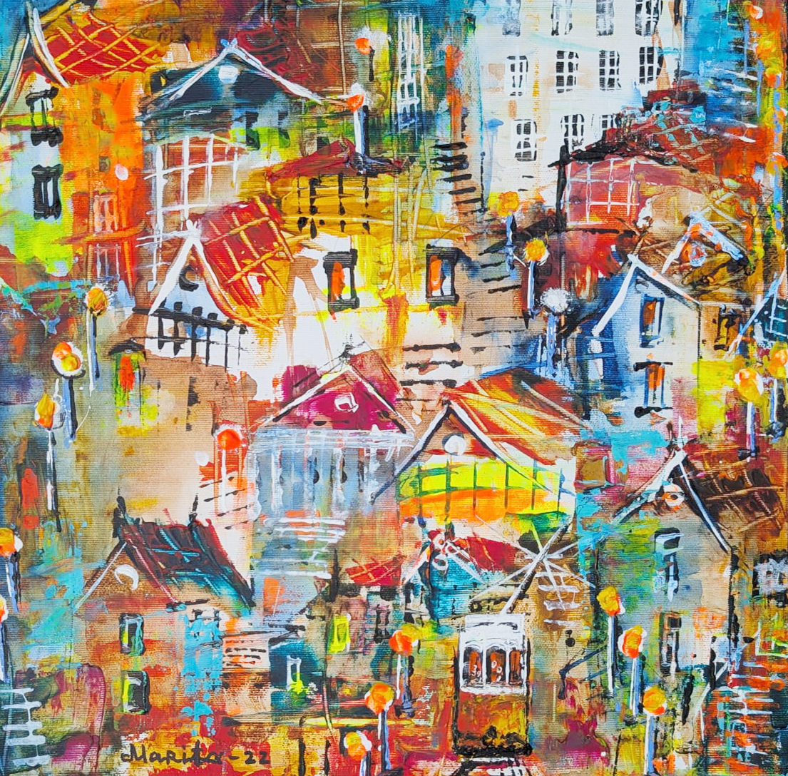 "Street Lamps", Marita Vaskova, Acrylic on Canvas, 40 x 40 cm