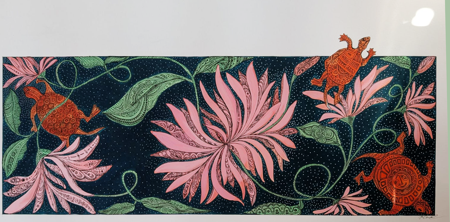 "Turtles & Passion Flowers", Original Hand Painted Artwork