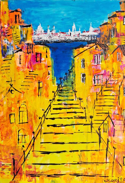 "Golden Steps to the Sea" - Marita Vaskova, Acrylic on Canvas, 42 × 59 cm